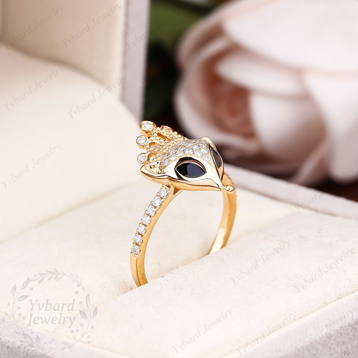 Solid 14K Yellow Gold Fox Ring Natural Diamond Moissanite