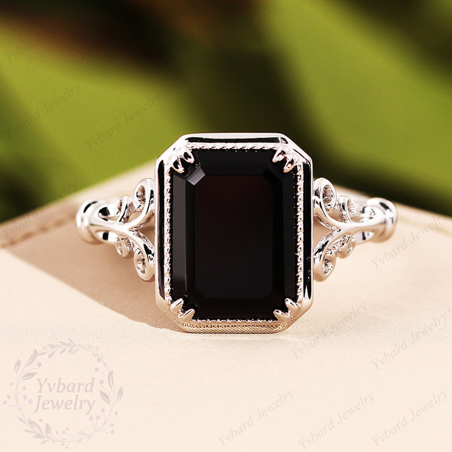 Emerald Cut Black Onyx Engagement Ring Vintage Solitaire Ring Etsy