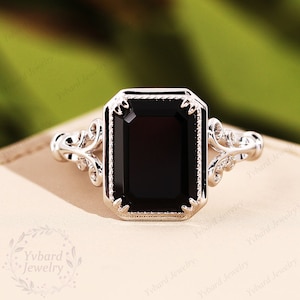 Emerald Cut Black Onyx Engagement Ring Vintage Solitaire Ring Solid 18K ...
