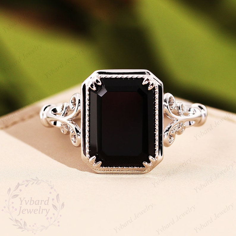 Emerald Cut Black Onyx Engagement Ring Vintage Solitaire Ring - Etsy