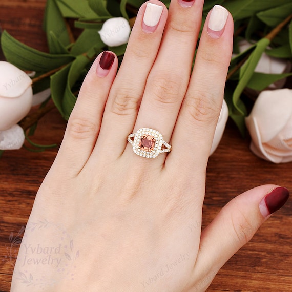 Radiant Cut 1.38ct Natural Orange Tourmaline Engagement Ring Double Halo Ring 14K Yellow Gold Split Shank Ring Moissanite Accent Bridal Ring