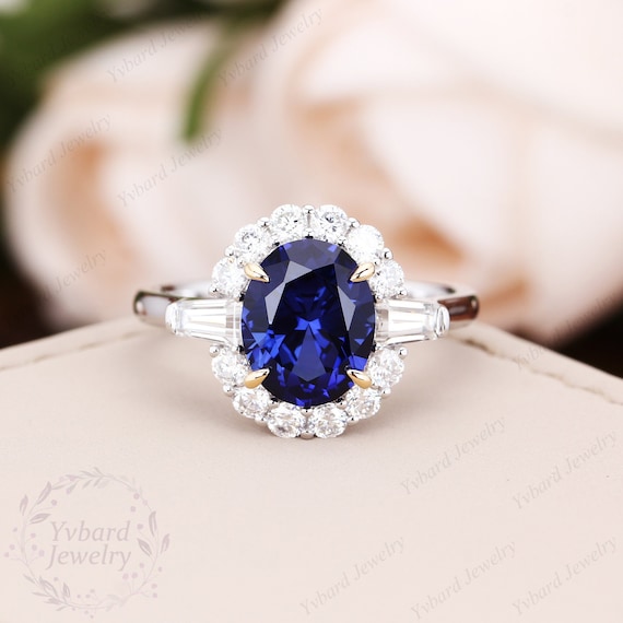 Blue Sapphire Ring 8 10mm Oval Lab Created Sapphire Engagement Ring Solid 14K Two Tone Gold Ring Moissanite Halo Classic Gemstone Ring Gift