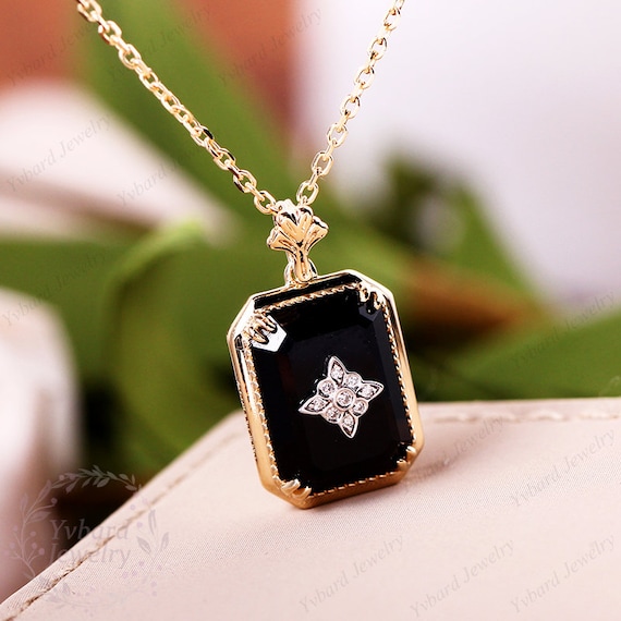 Vintage Black Onyx Pendant Necklace Pave Set Diamond Pendant
