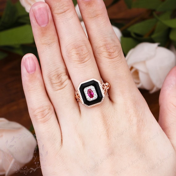 Vintage Natural Black Onyx Ring Ruby Engagement Ring Solid Two Tone Gold Promise Ring Art Deco Moissanite Wedding Anniversary Ring for Women