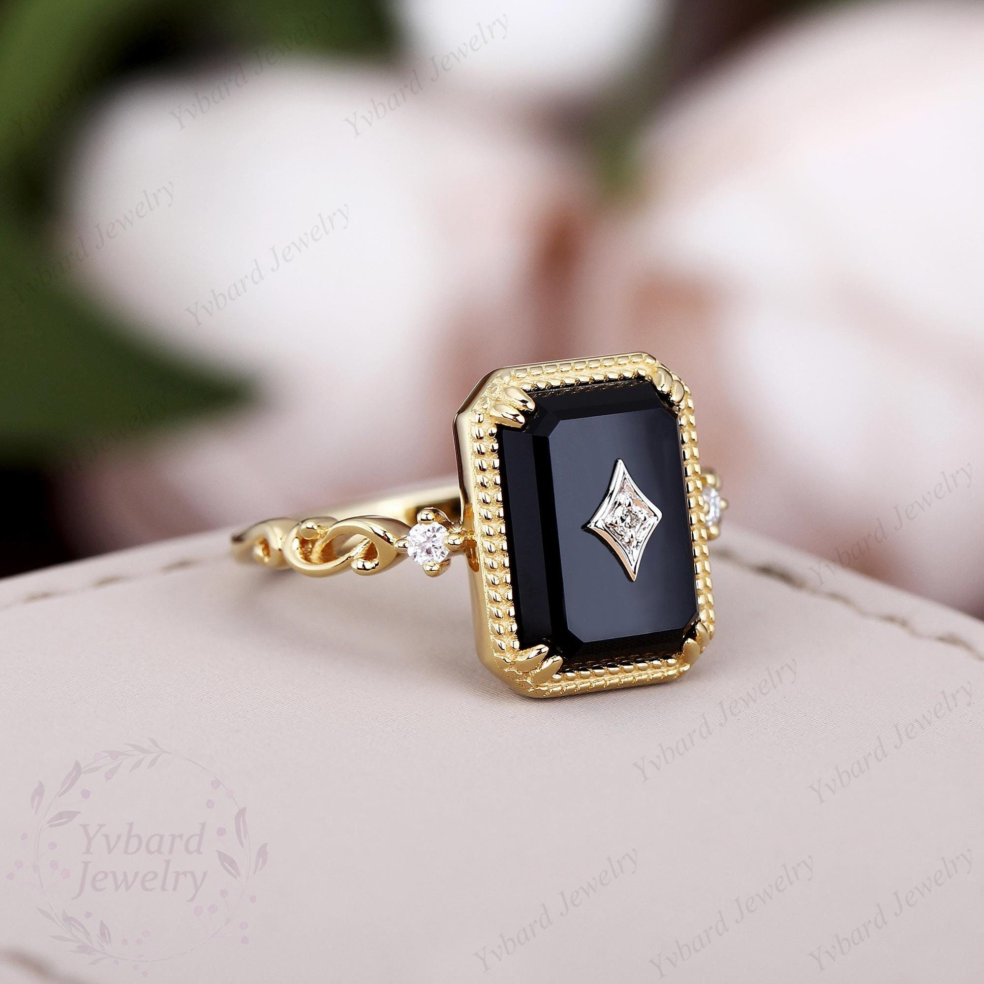 Vintage Natural Black Onyx Diamond Engagement Ring Solid 10K/14K/18K Yellow White Gold Ring Art Deco Bridal Wedding Rings Women Promise Ring