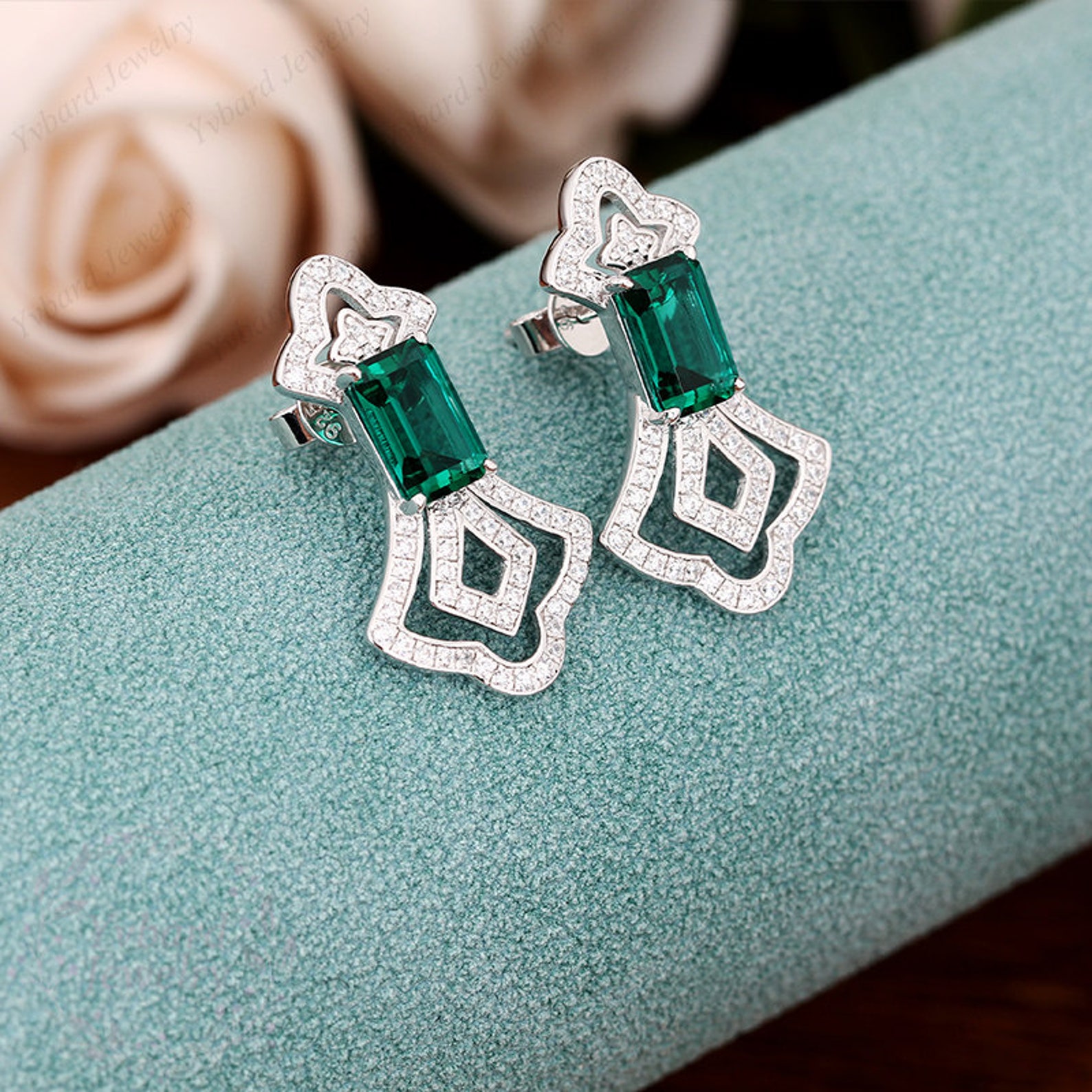 Emerald Cut Lab Created Emerald Earrings 14K Solid White Gold Etsy