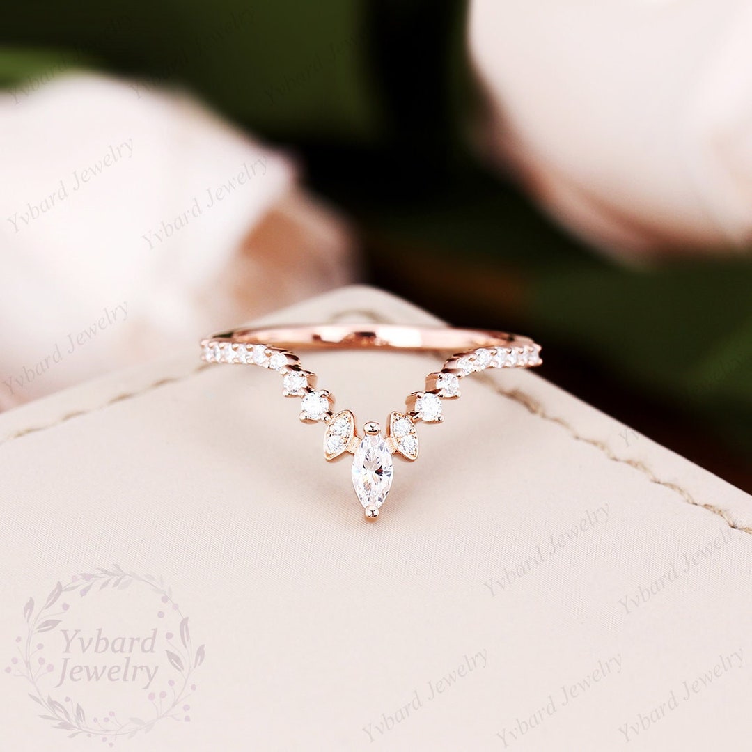 Solid Rose Gold Curved Wedding Band Unique Art Deco Ring Moissanite ...