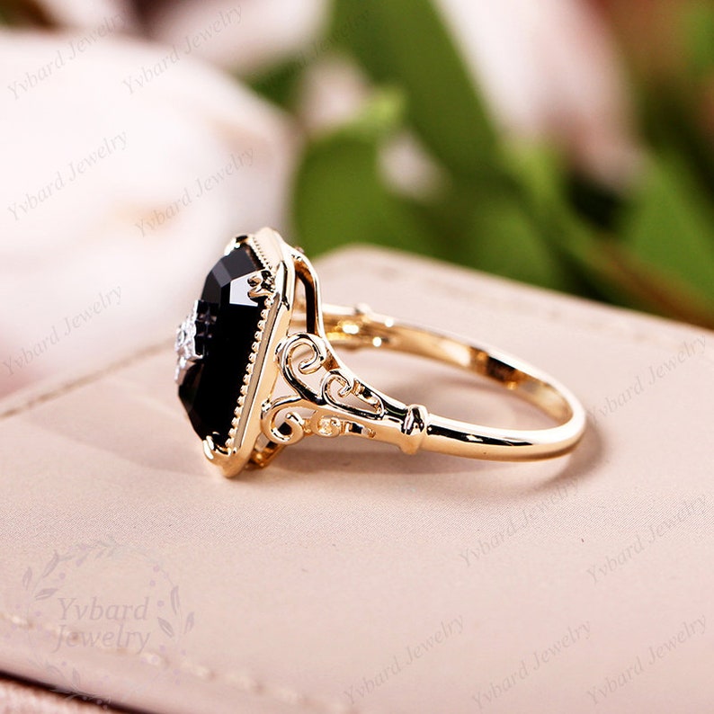 Emerald Cut Natural Black Onyx Ring Vintage Diamond Solid 18K/14K/10K Gold Art Deco Flower Ring Handmade Ring Bridal Anniversary Gift Ring image 4