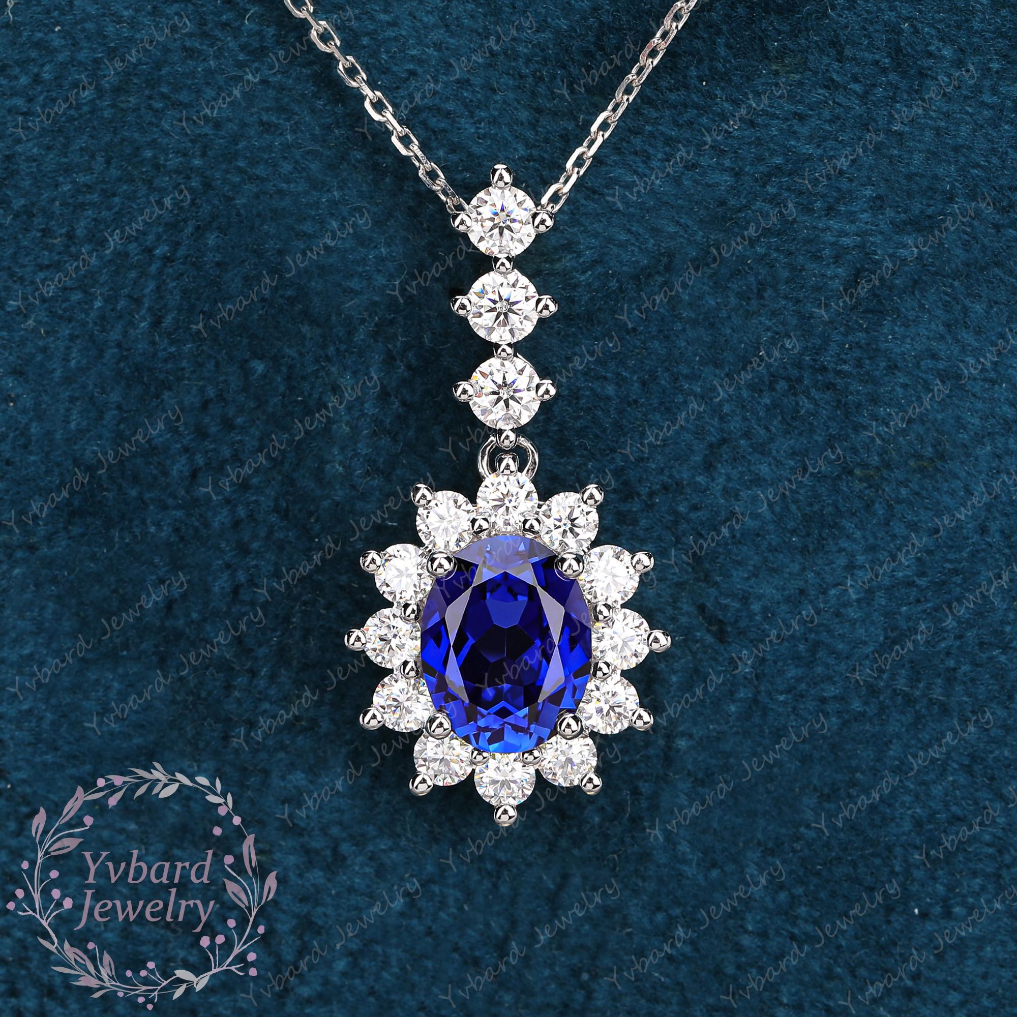 Oval Blue Sapphire Necklace, Moissanite Halo Pendant in White Gold
