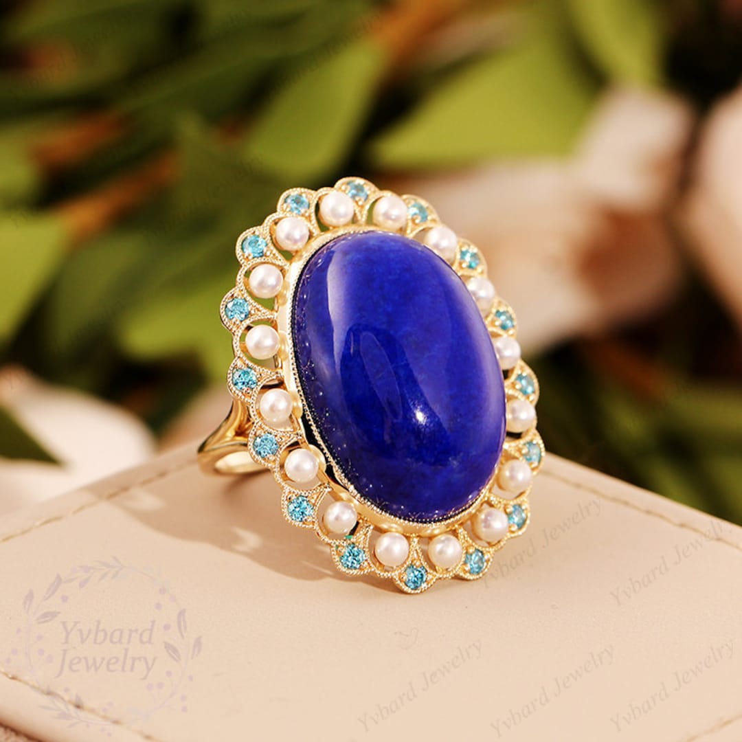 24.5ct Large Natural Lapis Lazuli Cabochon Ring, 10K/14K Gold
