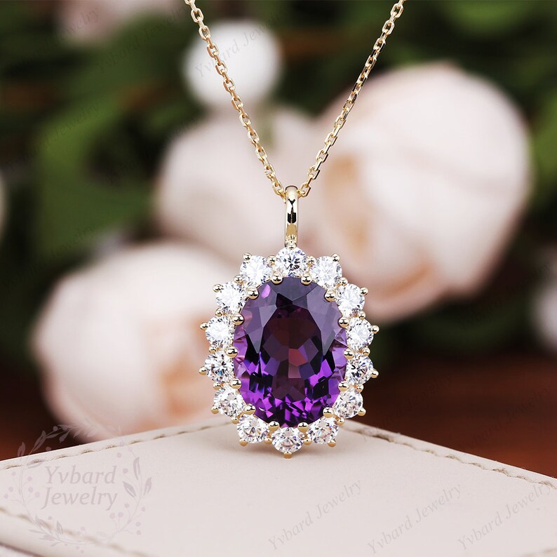 Oval Cut Natural Amethyst Halo Necklace in Solid Yellow Gold, Purple Gemstone Pendant, February Birthstone Gift for Her
