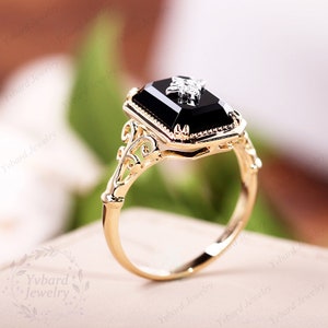 Emerald Cut Natural Black Onyx Ring Vintage Diamond Solid 18K/14K/10K Gold Art Deco Flower Ring Handmade Ring Bridal Anniversary Gift Ring image 6