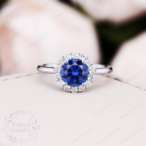 Laboratorio Creado Azul Y Zafiro Blanco 7-Stone Anillo En