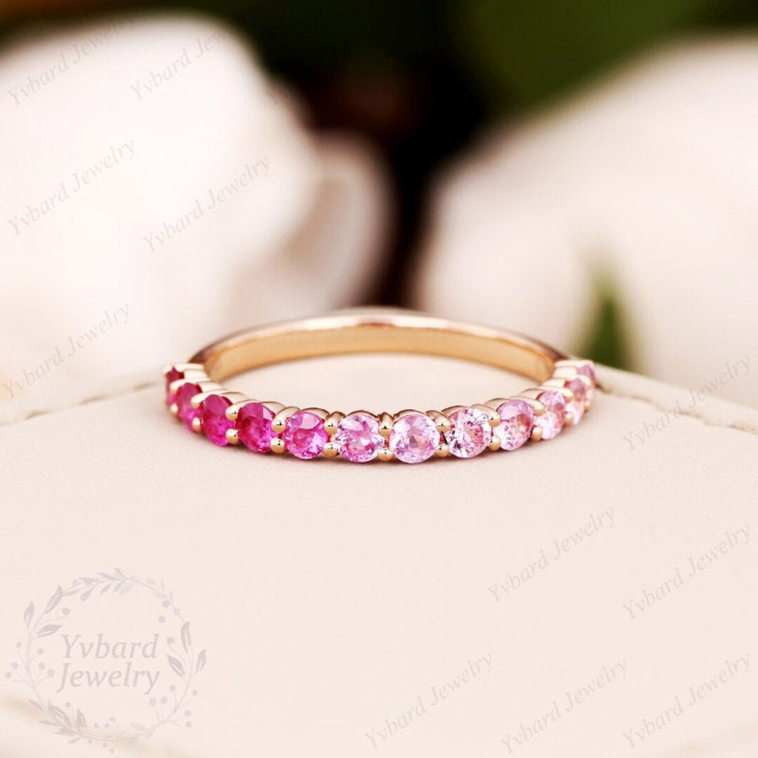 Gradient Natural Pink Blue Sapphire Dainty Ring Half Eternity Band Solid 14K 18K Gold Platinum Wedding Band Stacking Ring Matching Band Etsy