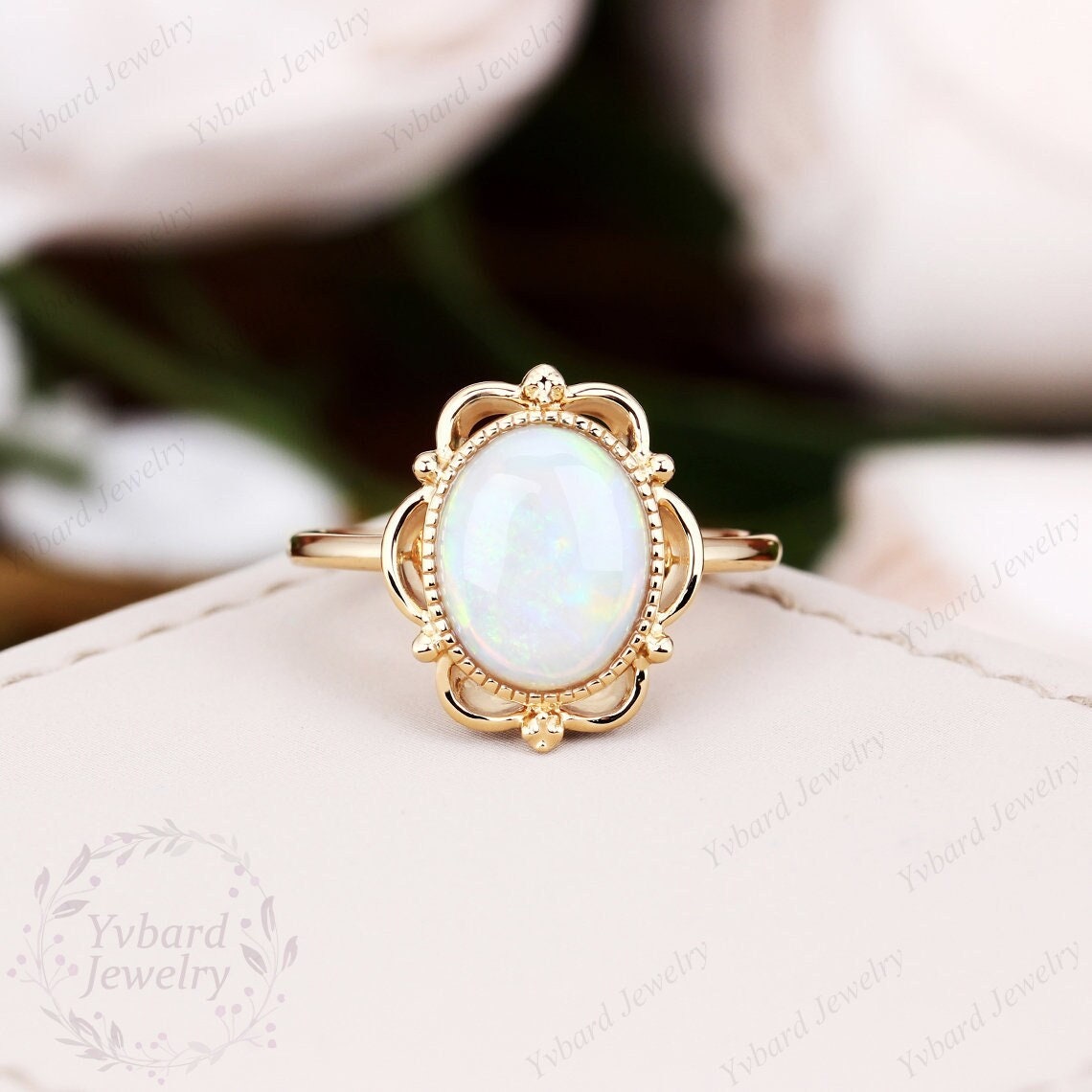 Vintage Opal Engagement Ring Solid Yellow Gold Solitaire Ring Oval Shape Opal Art deco Ring Wedding Promise Ring For Women Anniversary Gift