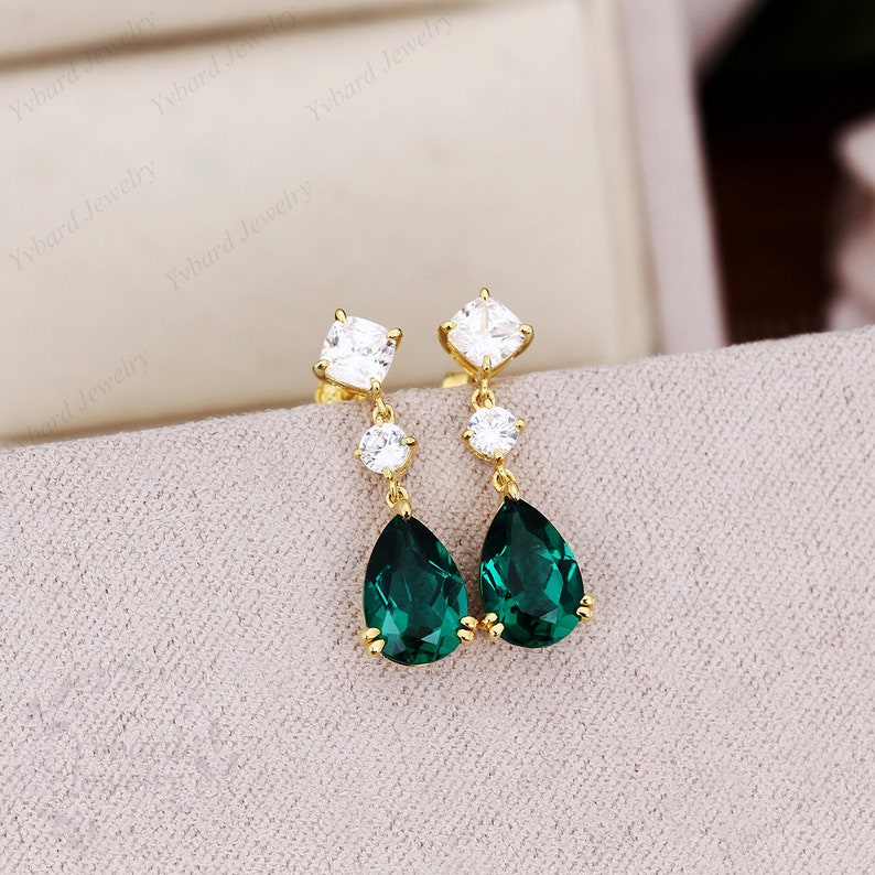 Solid 14K/18K Gold Drop Earrings, Teardrop Green Emerald Earrings Moissanite Earrings Minimalist Earrings, Bridal Jewellery Anniversary Gift image 9