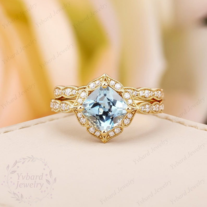 Art Deco Natural Aquamarine Engagement Ring Set Solid Yellow Etsy