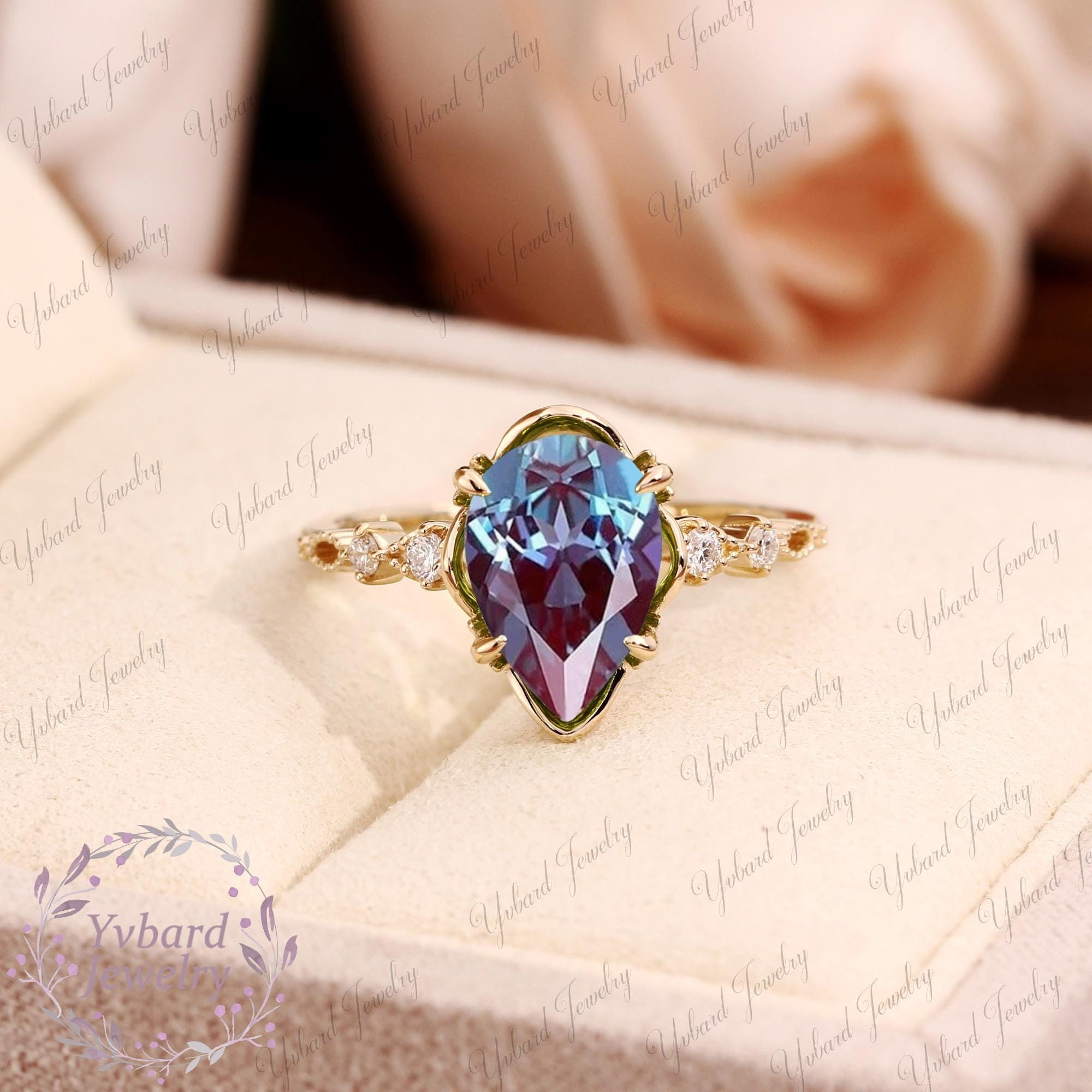 Pear Cut Alexandrite Ring, 14K Yellow Gold Engagement Ring, Change Color Gemstone Ring Anniversary Ring Christmas Gift For Her Promise Ring