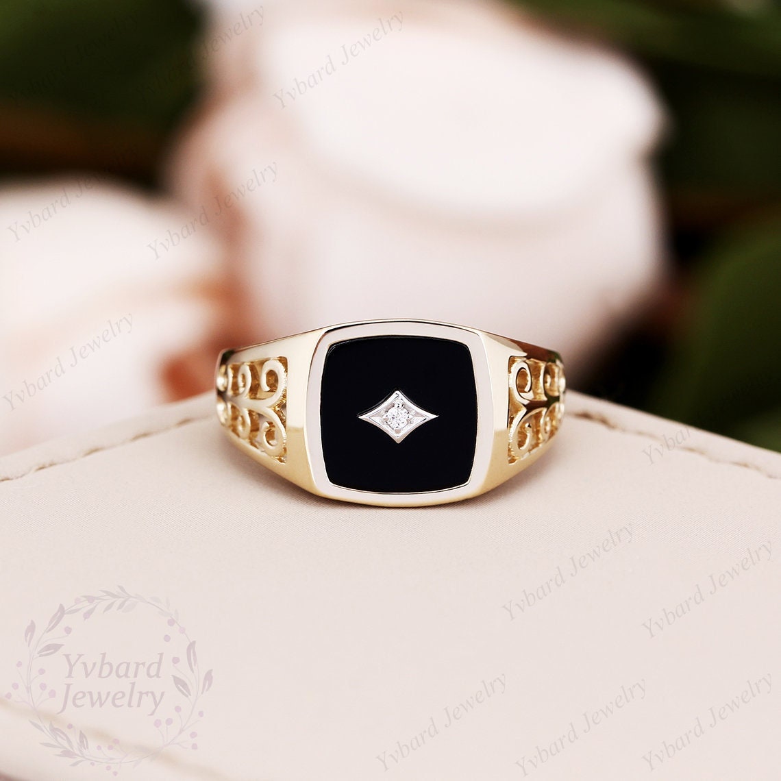 Vintage Mens Band Solid 14K Two Tone Gold Wedding Band Unique Natural Black Onyx Ring Real Diamond Anniversary Band Bridal Ring For Him Gift