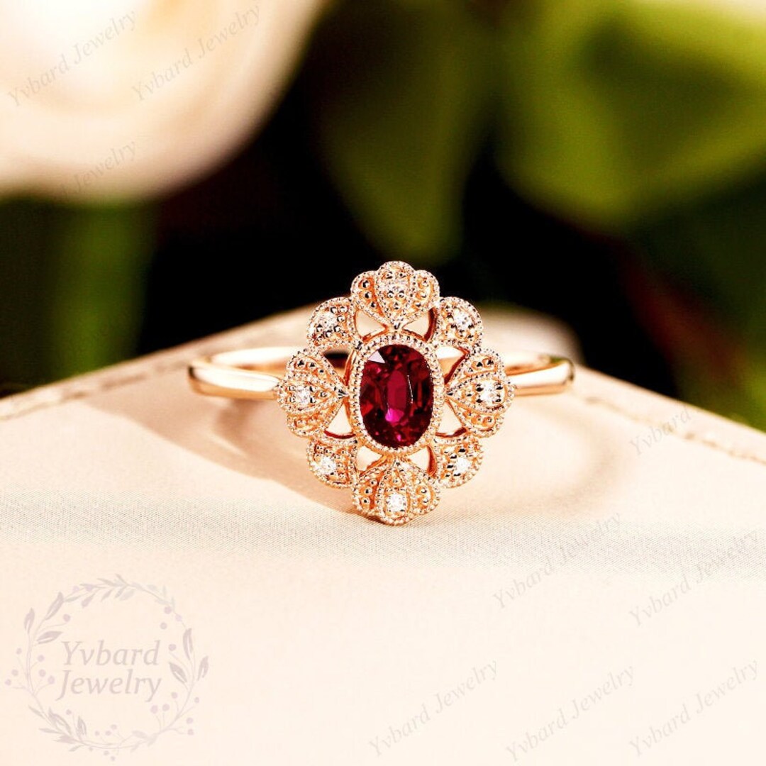 Vintage Lab Created Ruby Engagement Ring Solid 14K Rose Gold Moissanite