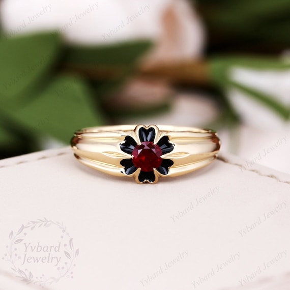 Vintage Natural Red Ruby Ring Solid Yellow Gold Engagement Ring Antique Flower Art Deco Ring July Birthstone Ring Anniversary Gift for Her