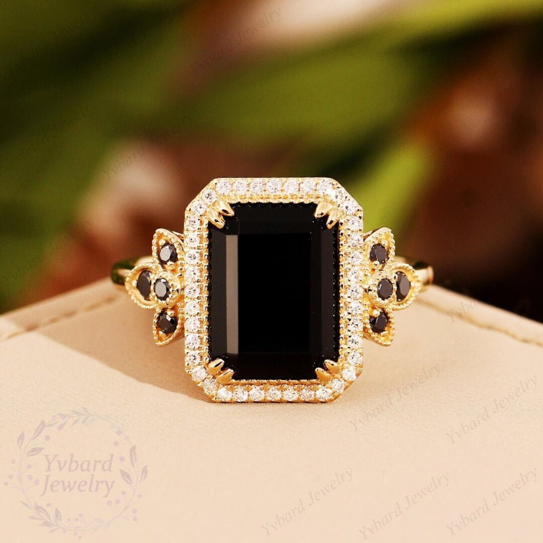 Emerald Cut Black Onyx Engagement Ring Solid 14K Gold Ring Cluster Ring ...