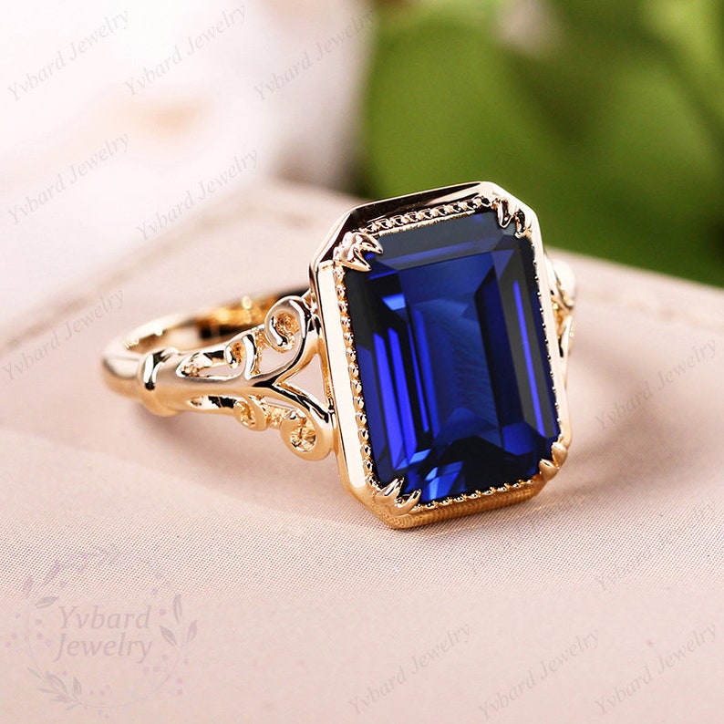Vintage 8*11mm Emerald Cut Lab Created Blue Sapphire Ring for Women Solid Yellow Gold Engagement Ring Art Deco Bridal Ring Anniversary Gift image 3