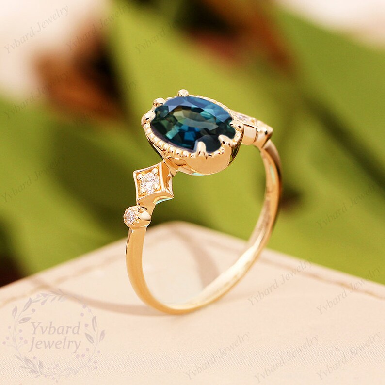 Blue Green Sapphire Engagement Ring Oval Cut 68mm Natural Teal Sapphire Engagement Ring Unique 14K/18K Solid Gold Diamond Wedding Ring Gift image 4