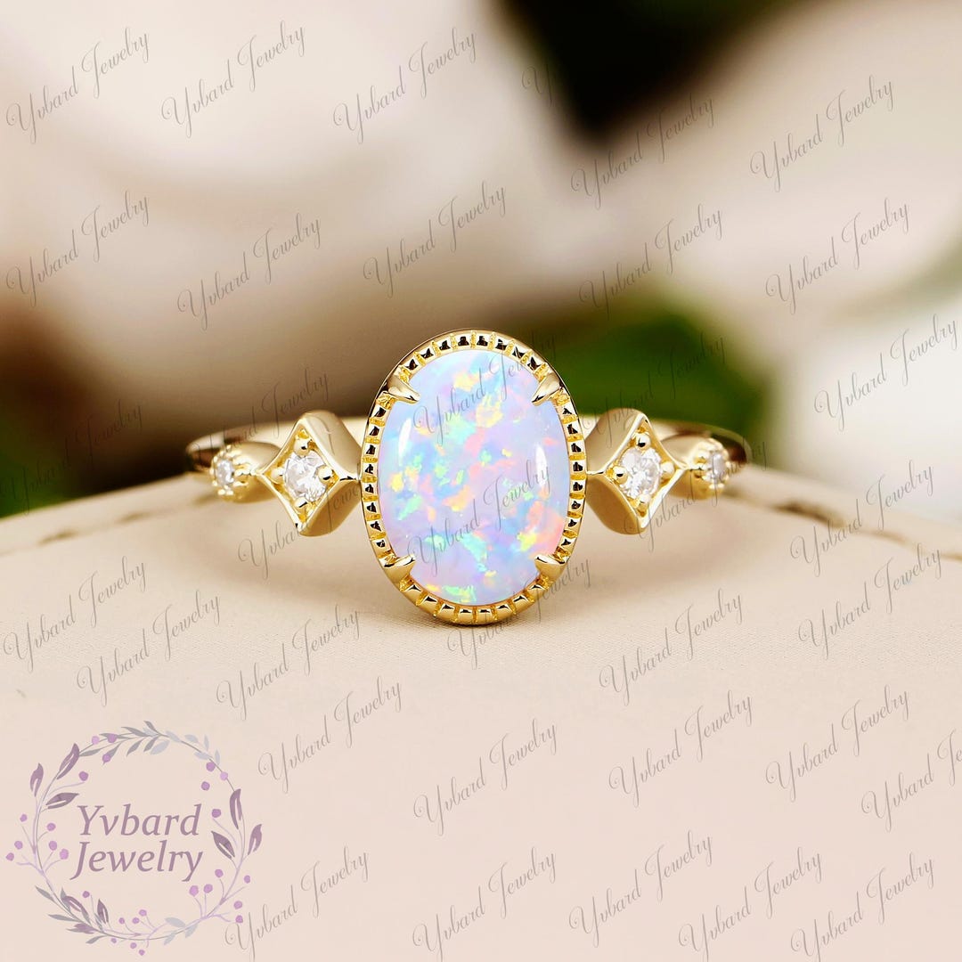 Oval Cut 1.0ct Lab Opal Engagement Ring Moissanite Wedding Ring Solid ...