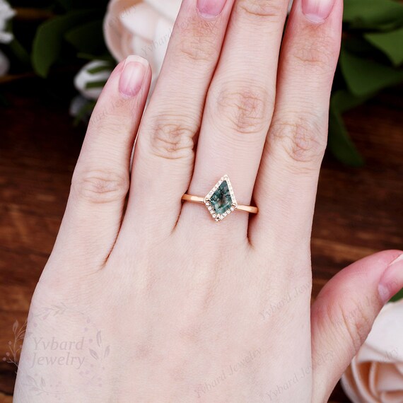 Natural Moss Agate Engagement Ring Kite Cut Vintage Solid 14K Rose