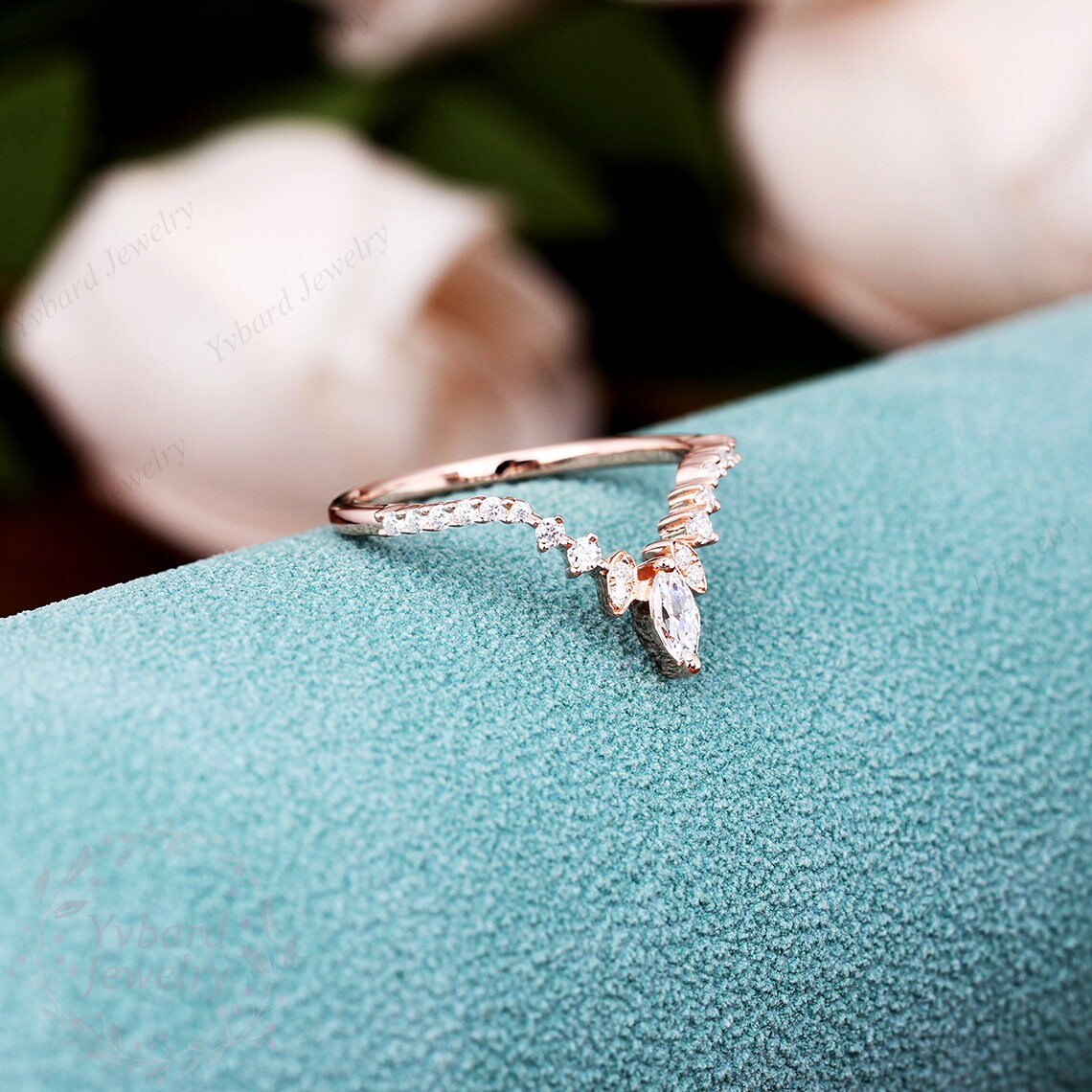 Solid Rose Gold Curved Wedding Band Unique Art Deco Ring Moissanite ...