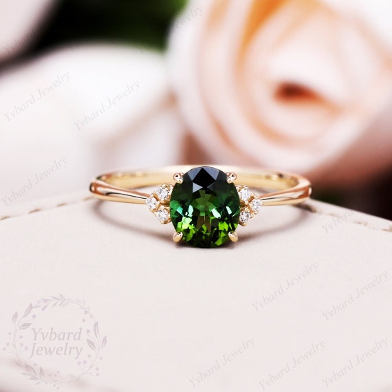 Emerald Cut Green Tourmaline and Diamond Ring