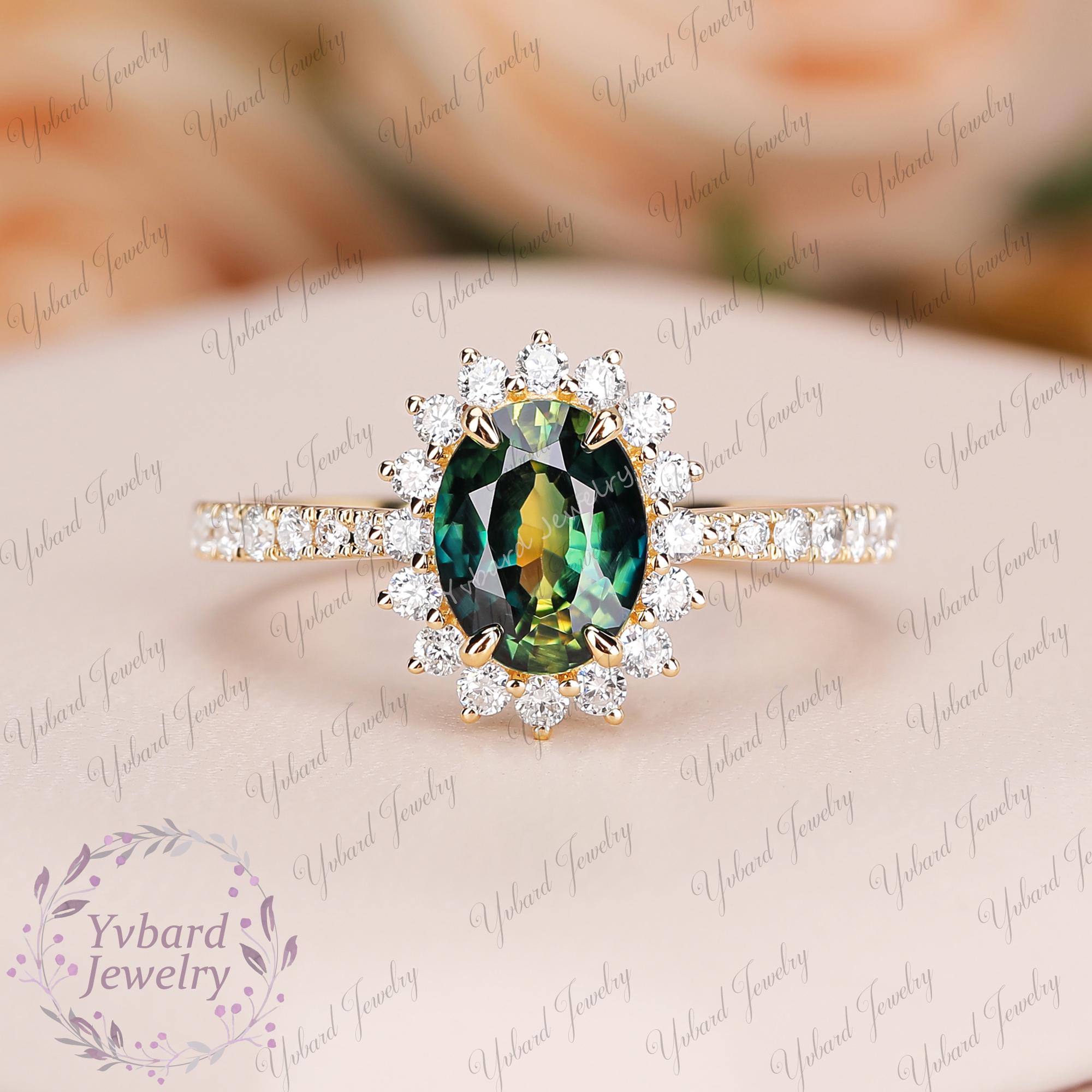 Golden Halo ring with forest green crystal Ready to Ship Size 6 - 8 - 2.09ct Marquise Lab Diamond  main image 3