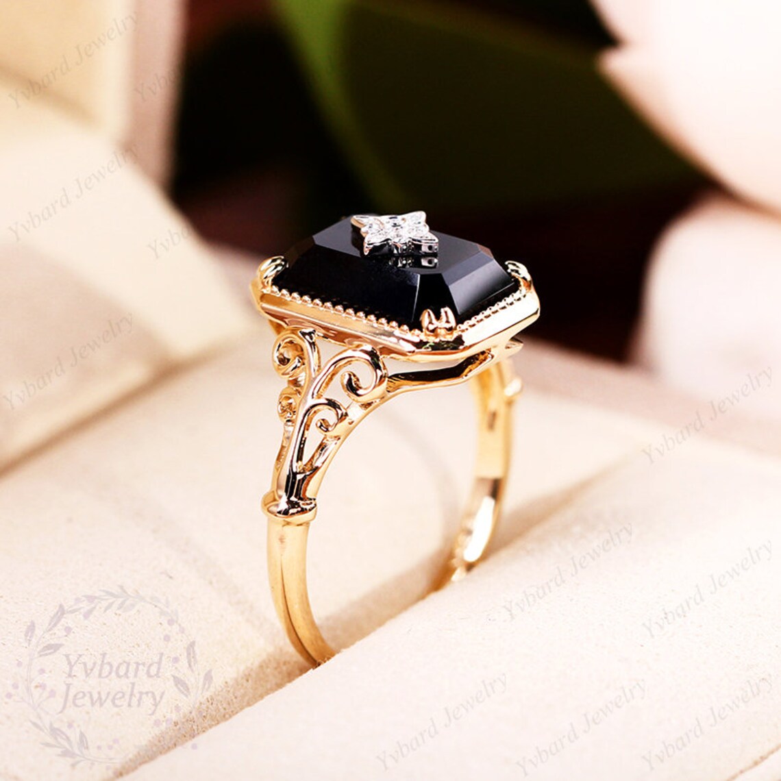 Emerald Cut Natural Black Onyx Ring Vintage Diamond Solid Etsy