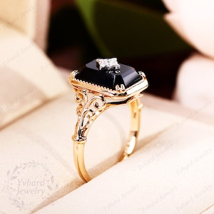 Emerald Cut Natural Black Onyx Ring Vintage Diamond Solid 18K/14K/10K Gold Art Deco Flower Ring Handmade Ring Bridal Anniversary Gift Ring image 9