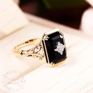 Emerald Cut Natural Black Onyx Ring Vintage Diamond Solid 18K/14K/10K Gold Art Deco Flower Ring Handmade Ring Bridal Anniversary Gift Ring image 8