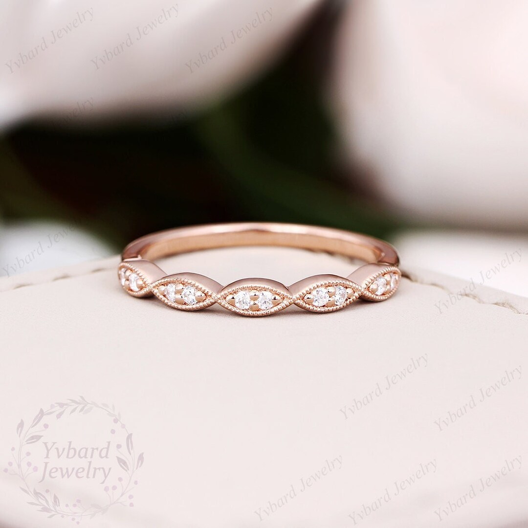 Art Deco Moissanite Wedding Band, 14K Rose Gold Band, Vintage Milgrain ...