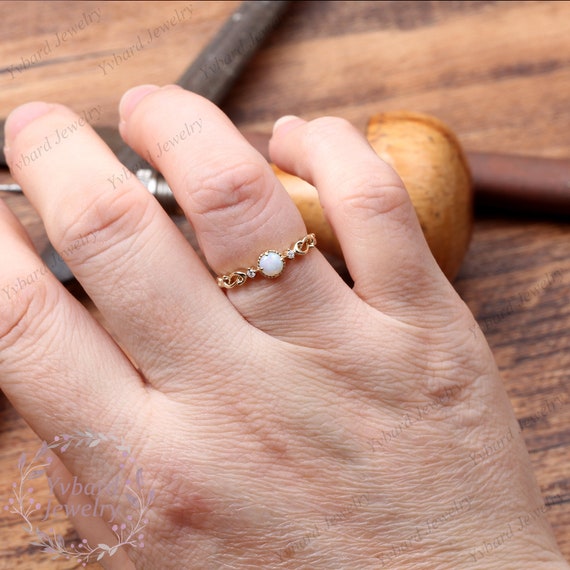 天然ホワイトオパール結婚指輪、14Kソリッドゴールドスタッキング 