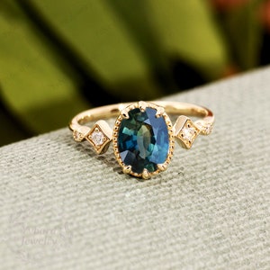Blue Green Sapphire Engagement Ring Oval Cut 68mm Natural Teal Sapphire Engagement Ring Unique 14K/18K Solid Gold Diamond Wedding Ring Gift image 6