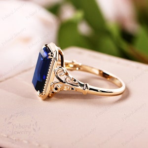 Vintage 8*11mm Emerald Cut Lab Created Blue Sapphire Ring for Women Solid Yellow Gold Engagement Ring Art Deco Bridal Ring Anniversary Gift image 4