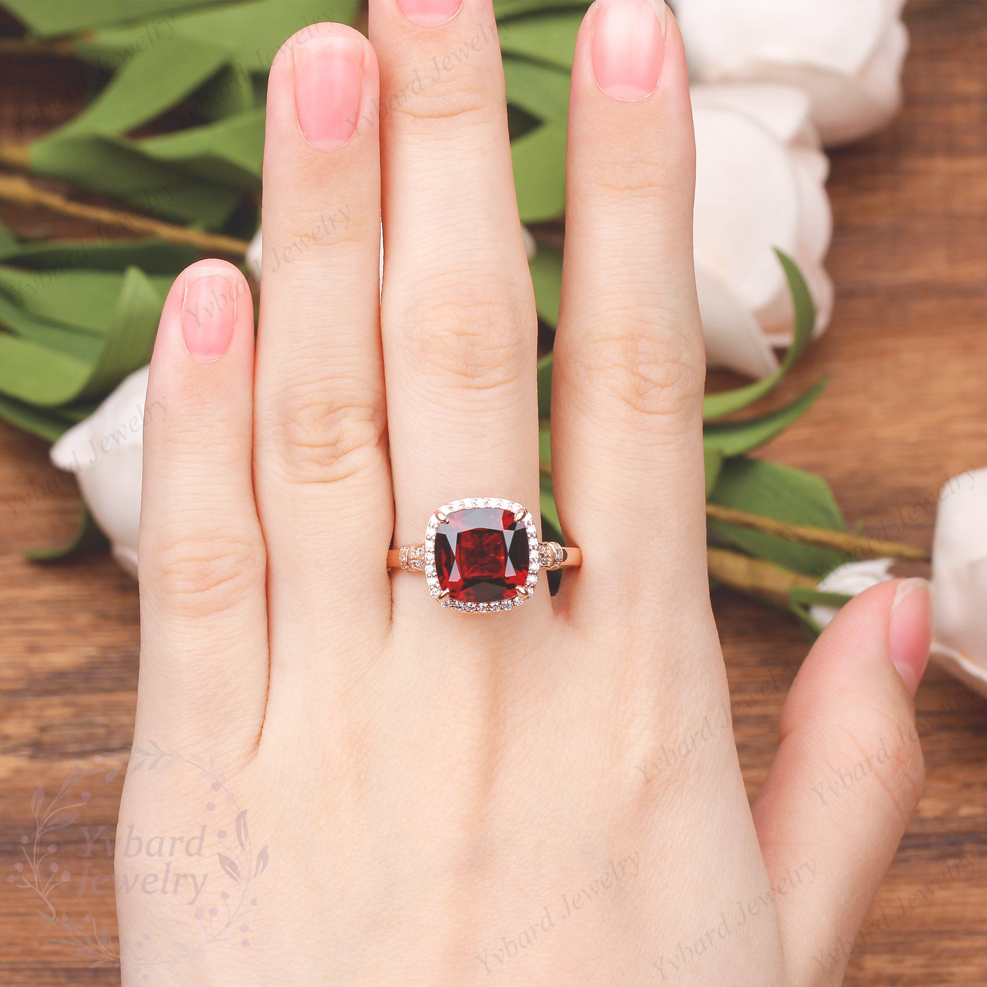 Unique 5CT Natural Garnet Ring Moissanite Halo Solid 14K Rose Gold 