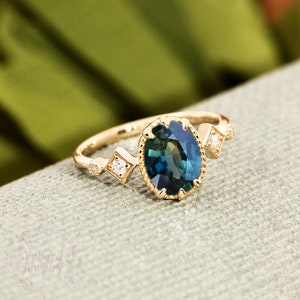 Blue Green Sapphire Engagement Ring Oval Cut 68mm Natural Teal Sapphire Engagement Ring Unique 14K/18K Solid Gold Diamond Wedding Ring Gift image 5