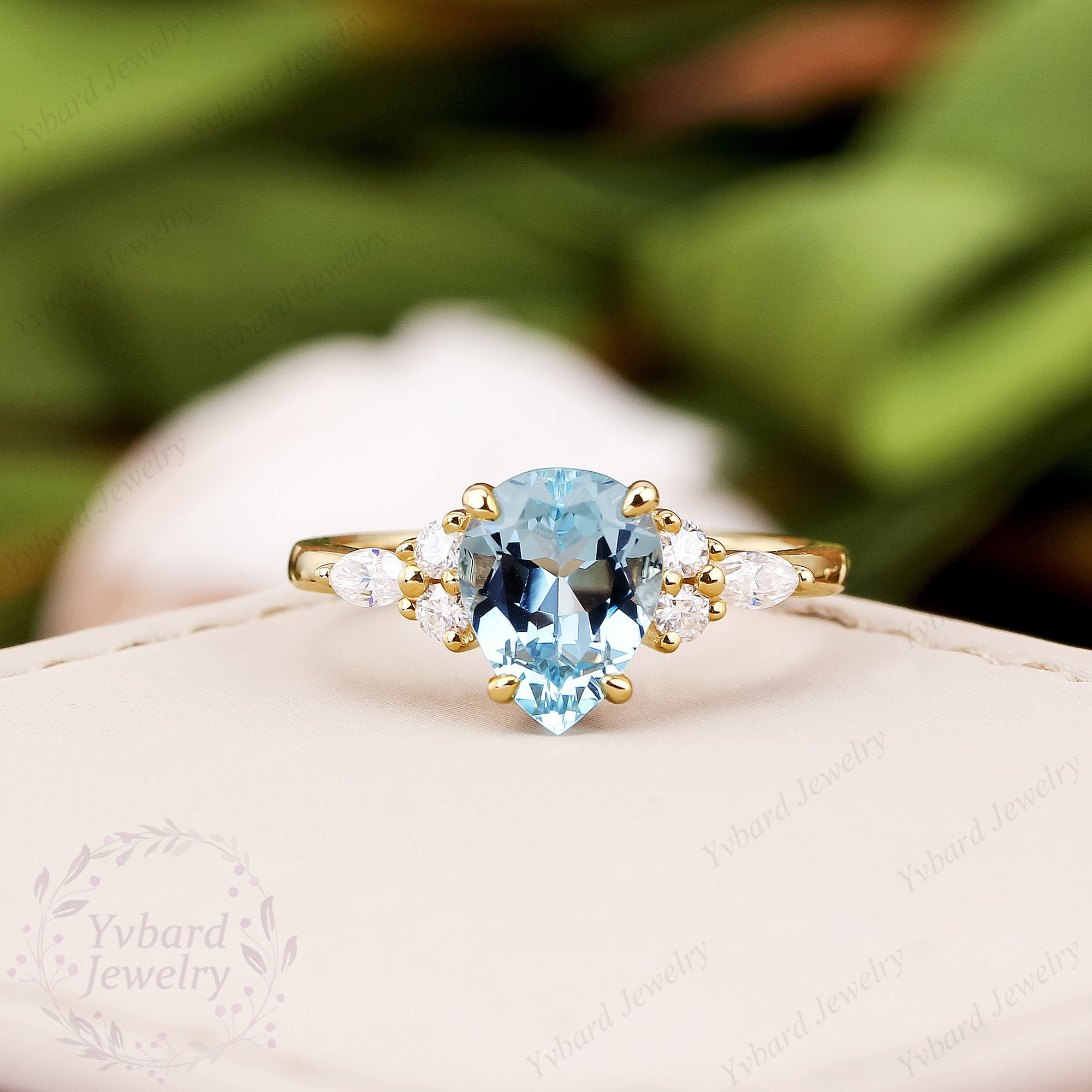 Pear Cut Natural Aquamarine Engagement Ring Solid Yellow Gold Pear Cut Natural Aquamarine Engagement Ring Solid Yellow Gold