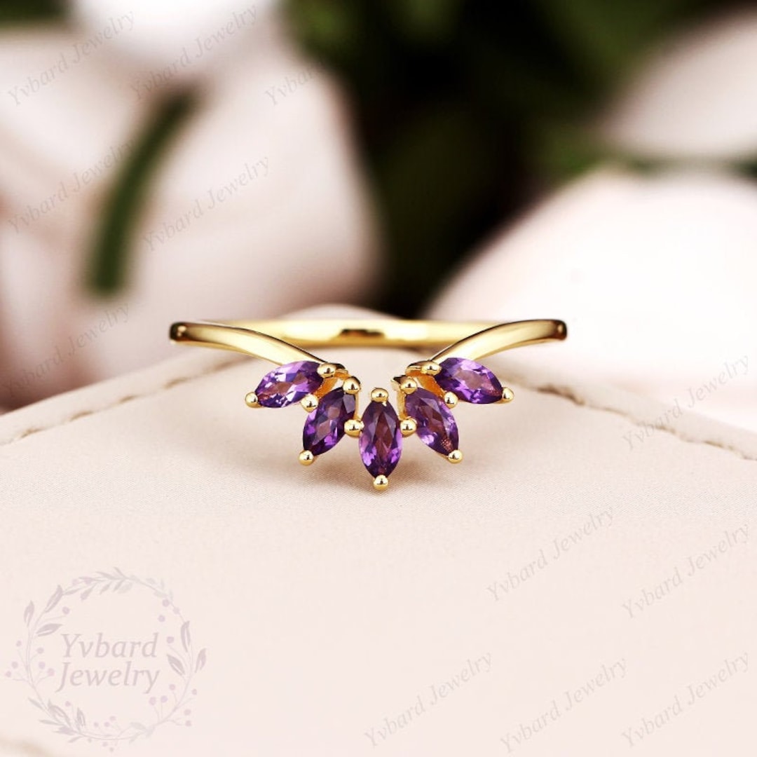 Amethyst Wedding Band Curved Band Solid 14K Yellow Gold Unique Marquise ...