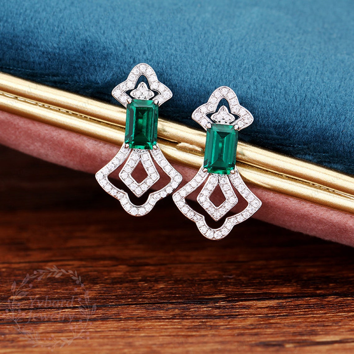Emerald Cut Lab Created Emerald Earrings 14K Solid White Gold Etsy
