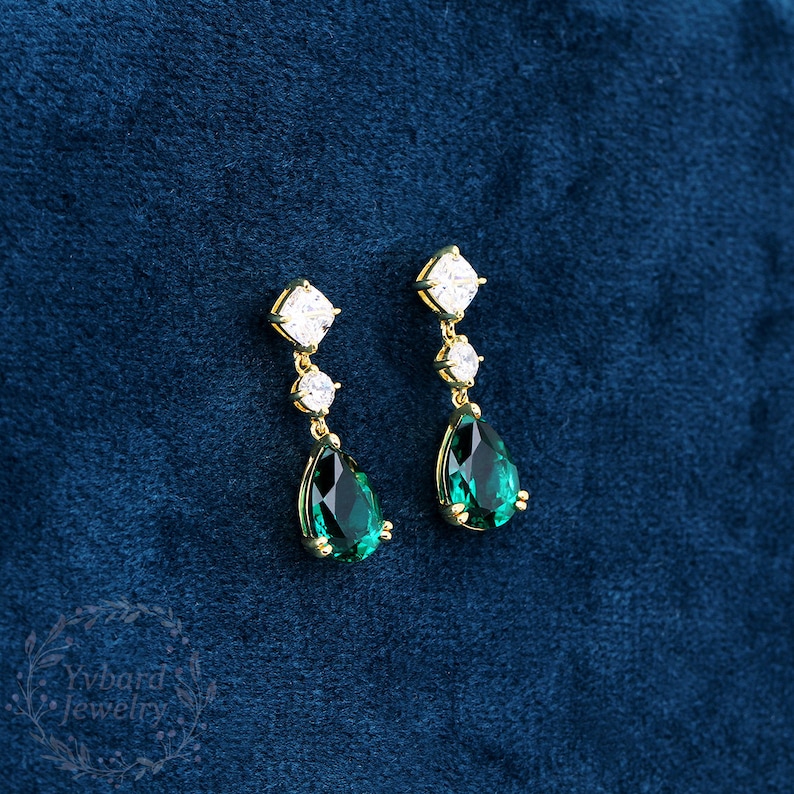 Solid 14K/18K Gold Drop Earrings, Teardrop Green Emerald Earrings Moissanite Earrings Minimalist Earrings, Bridal Jewellery Anniversary Gift image 2