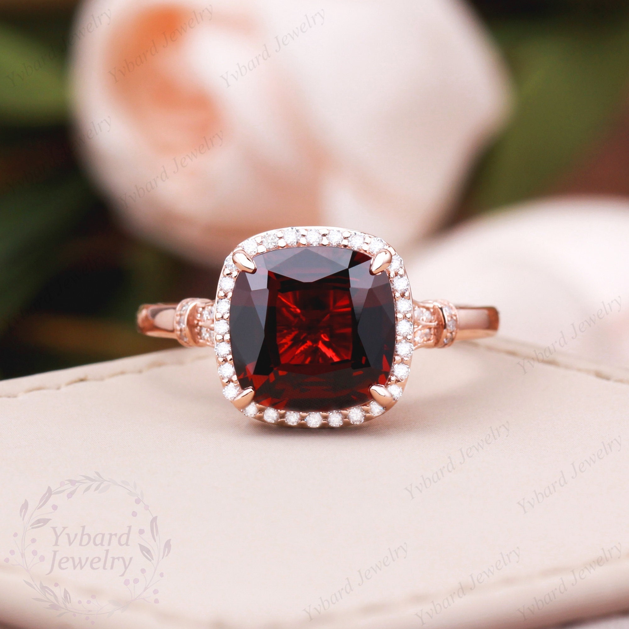 Unique 5CT Natural Garnet Ring Moissanite Halo Solid 14K Rose Gold 
