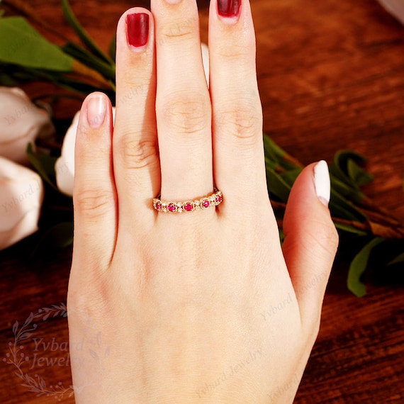 Ruby Wedding Band Natural Ruby Red Gemstone Band 5 Stones Unquise Milgrain Solid 14K Yellow Gold Wedding Band Ring Anniversary Bridal Band