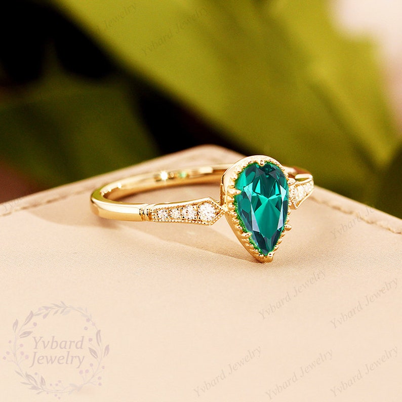 Solid 14K Gold Ring,5x8mm Pear Cut Lab Created Emerald Engagement Ring,Art Deco Engagement Ring,Anniversary Ring,Promise Ring,Ring For Women