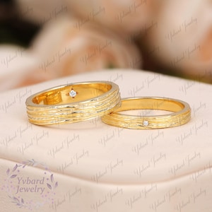 Solid Yellow Gold Couple Rings Set Natural Diamond Wedding Band For Men And Women Ring Unique Promise Ring Anniversary Gifts for Him And Her